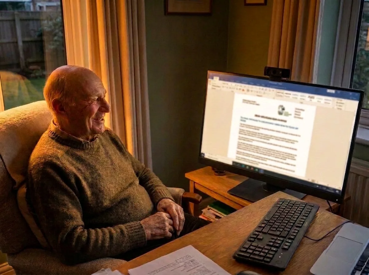 A man laughing gently while using his computer at home in warm lamplight
