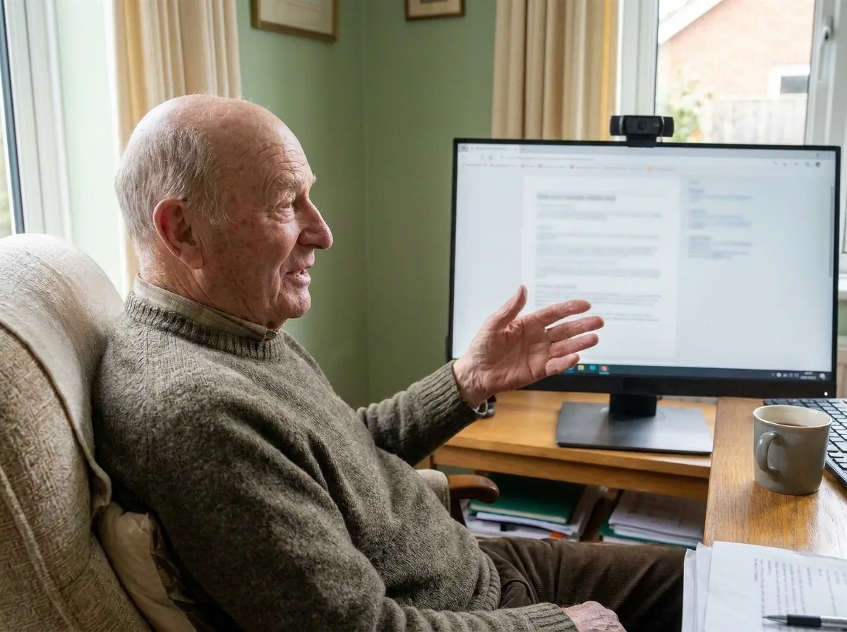 Over-the-shoulder view of a man talking to his computer, a cup of tea beside the keyboard