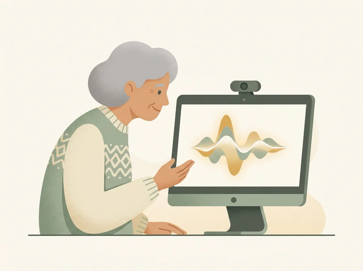 Illustration of a person speaking to their computer, a friendly sound wave rising from the screen