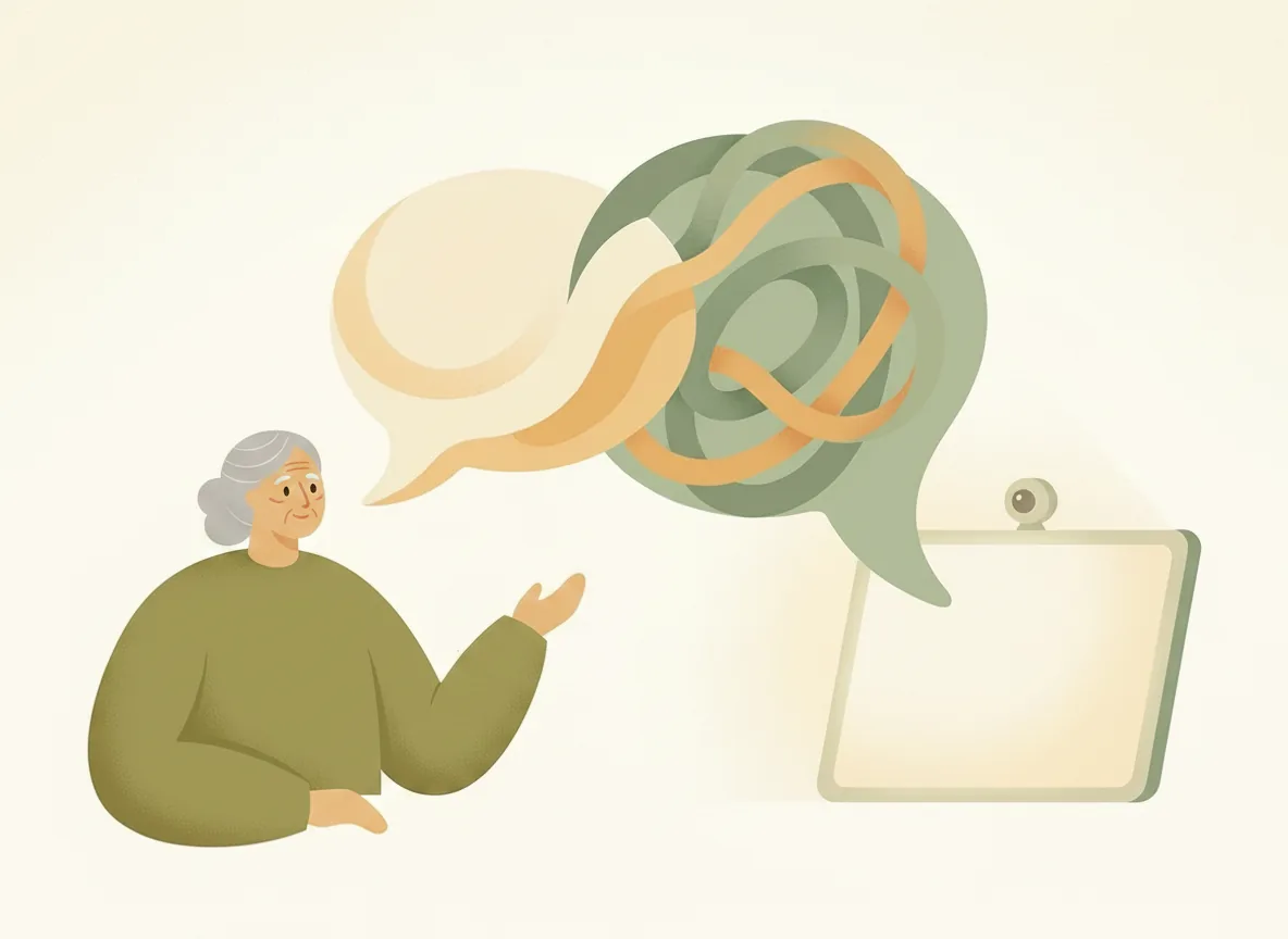 Illustration of speech bubbles passing between a person and a softly glowing computer