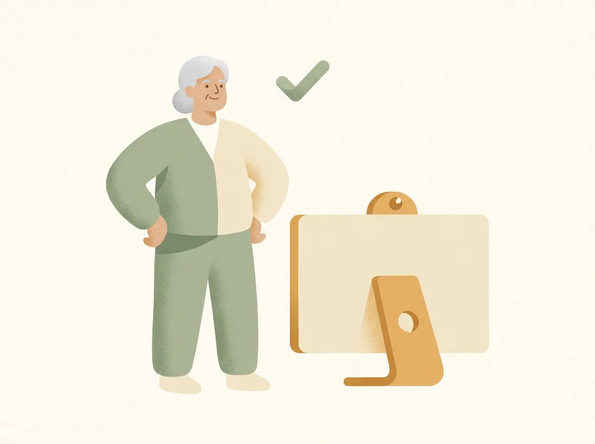 Illustration of a person standing confidently beside their computer